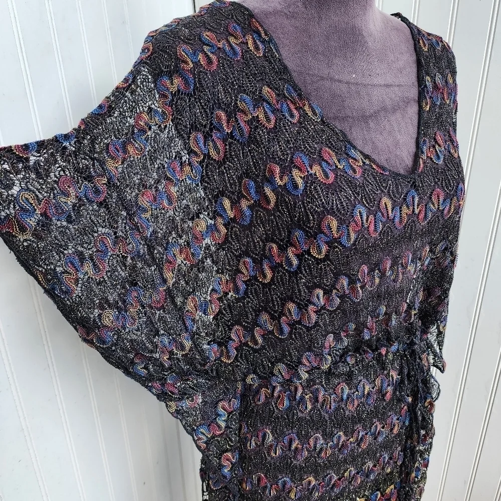 Womens Black Multi Sheer Crochet Lace  Dress Pool Coverup Strerch Drawstring M/L